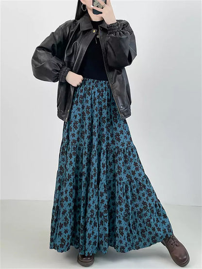 Vintage-Maxirock mit Blumenmuster und Raffungen in A-Linie