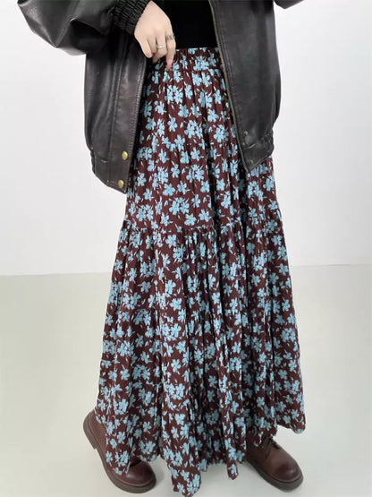 Vintage-Maxirock mit Blumenmuster und Raffungen in A-Linie