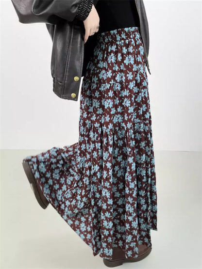 Vintage-Maxirock mit Blumenmuster und Raffungen in A-Linie