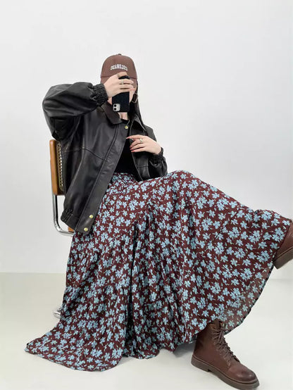 Vintage-Maxirock mit Blumenmuster und Raffungen in A-Linie