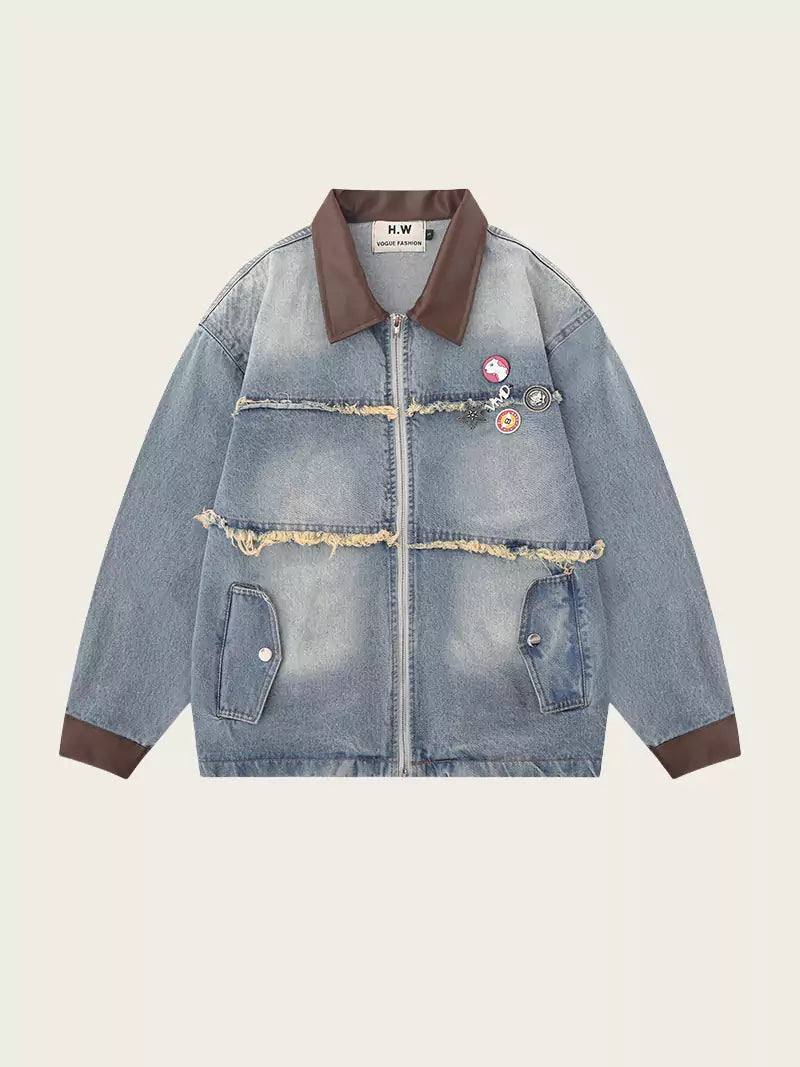 Vintage Jeansjacke mit Fransen und Patchwork-Design sowie Reverskragen