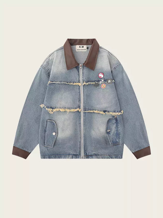 Vintage Fringed Patchwork Denim Jacket with Lapel Collar