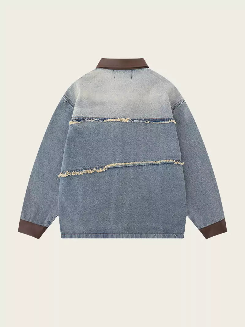 Vintage Jeansjacke mit Fransen und Patchwork-Design sowie Reverskragen