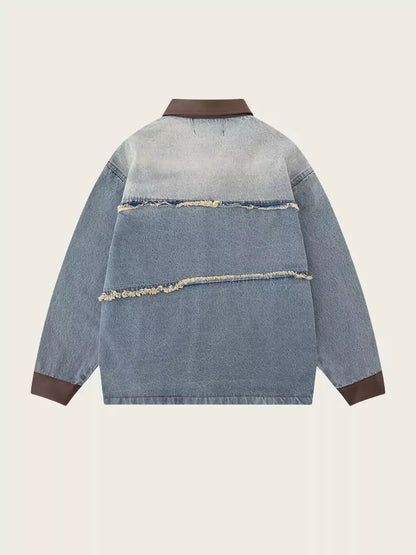 Vintage Jeansjacke mit Fransen und Patchwork-Design sowie Reverskragen
