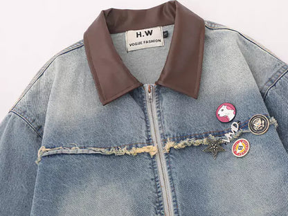 Vintage Jeansjacke mit Fransen und Patchwork-Design sowie Reverskragen