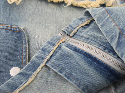 Vintage Jeansjacke mit Fransen und Patchwork-Design sowie Reverskragen