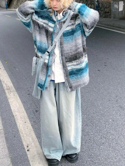 Vintage Gradient Stripe Baggy Button Down Cardigan