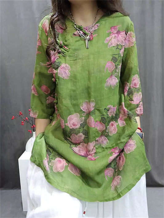 Vintage Green Print Ligthtweight Linen Shirt Top Summer