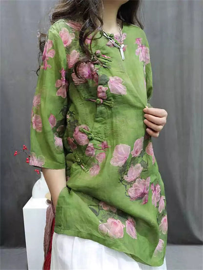 Vintage Green Print Ligthtweight Linen Shirt Top Summer