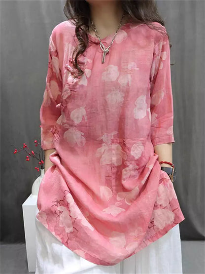 Vintage Green Print Ligthtweight Linen Shirt Top Summer