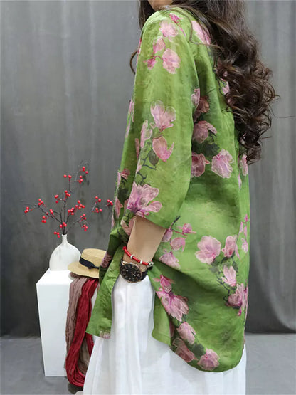 Vintage Green Print Ligthtweight Linen Shirt Top Summer