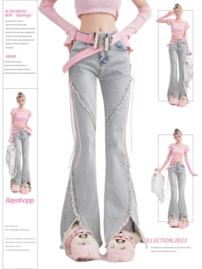 Vintage High Waist Front Slit Lace Up Flare Jeans