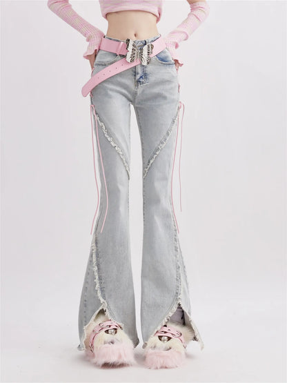 Vintage High Waist Front Slit Lace Up Flare Jeans