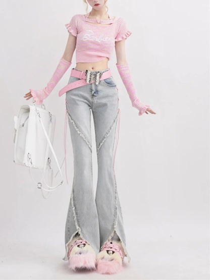 Vintage High Waist Front Slit Lace Up Flare Jeans