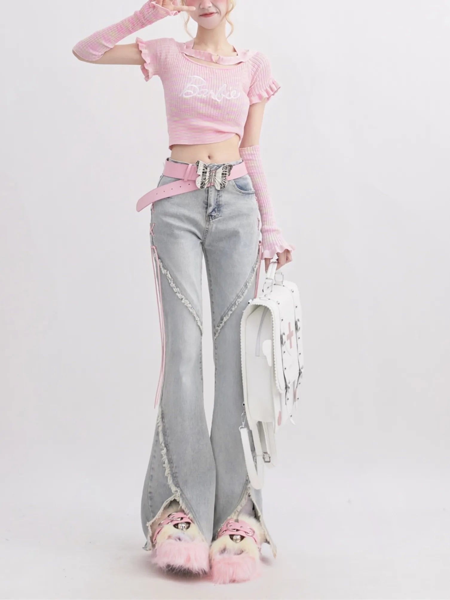 Vintage High Waist Front Slit Lace Up Flare Jeans