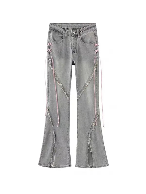 Vintage High Waist Front Slit Lace Up Flare Jeans