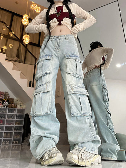 Vintage High Waist Straight Leg Cargo Jeans