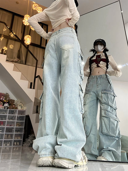 Vintage High Waist Straight Leg Cargo Jeans