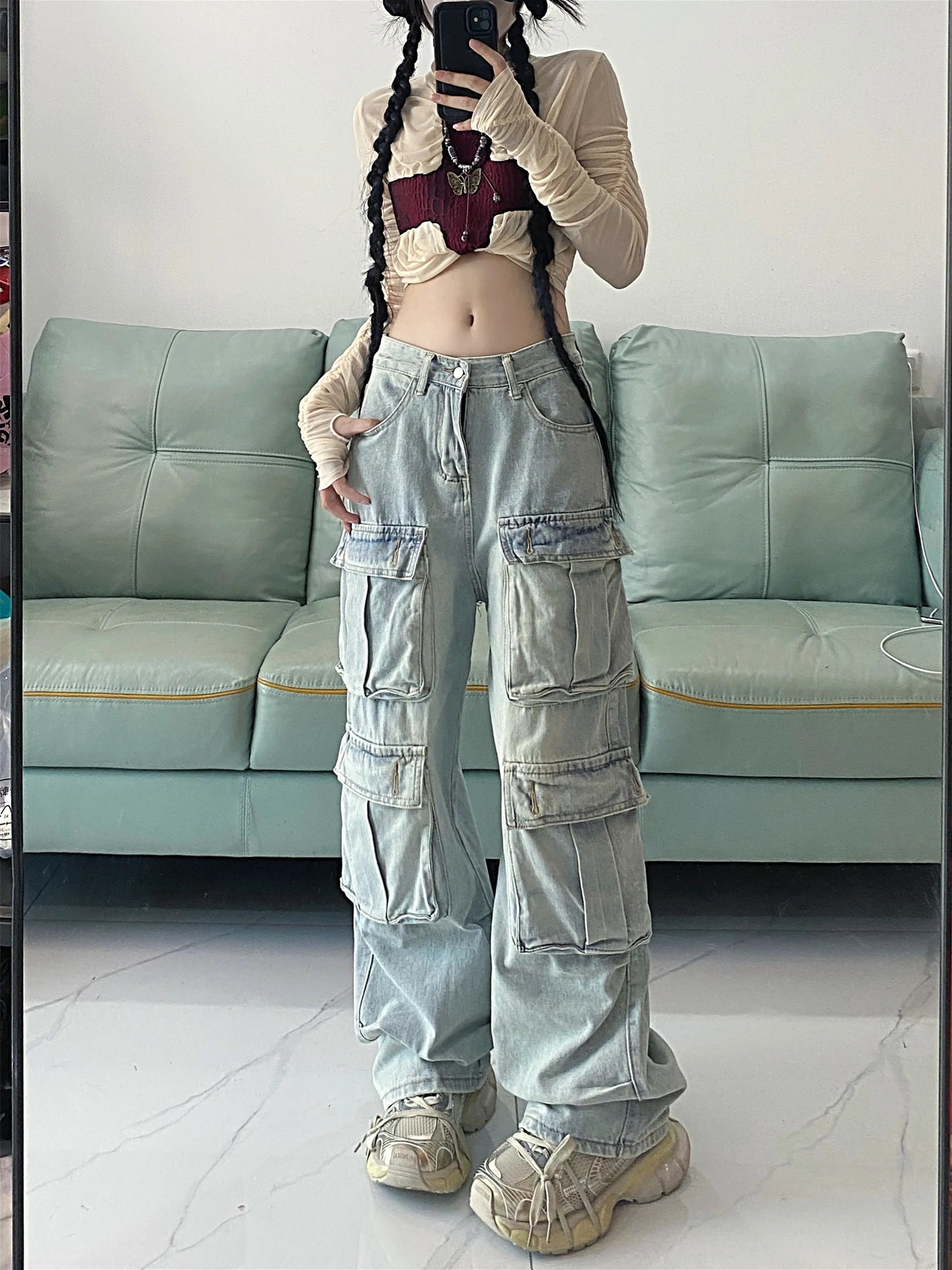 Vintage High Waist Straight Leg Cargo Jeans