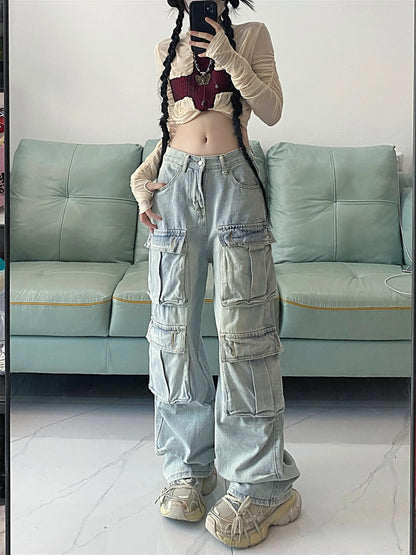 Vintage High Waist Straight Leg Cargo Jeans