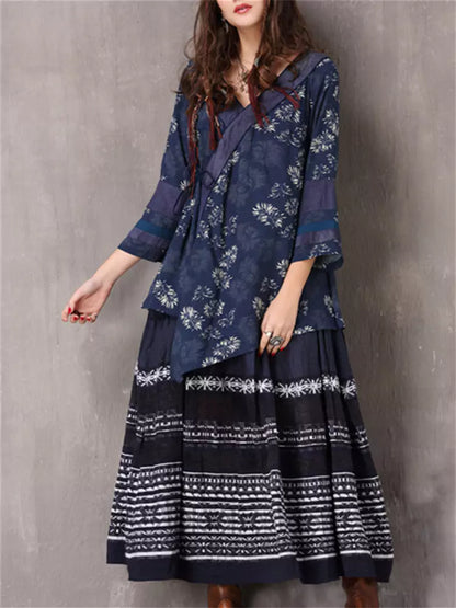 Vintage Irregular V-Neck Mid-Sleeves Printed Loose Shirt Top