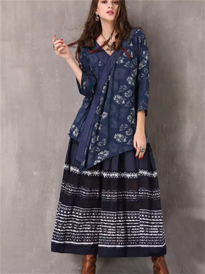 Vintage Irregular V-Neck Mid-Sleeves Printed Loose Shirt Top