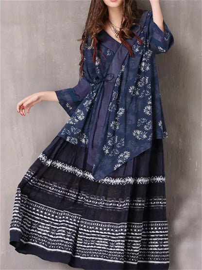 Vintage Irregular V-Neck Mid-Sleeves Printed Loose Shirt Top