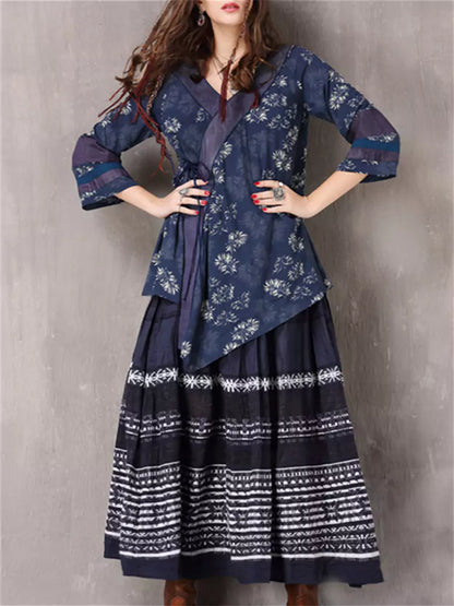 Vintage Irregular V-Neck Mid-Sleeves Printed Loose Shirt Top