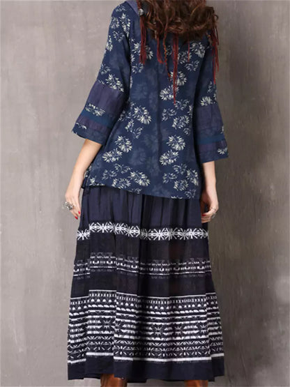 Vintage Irregular V-Neck Mid-Sleeves Printed Loose Shirt Top