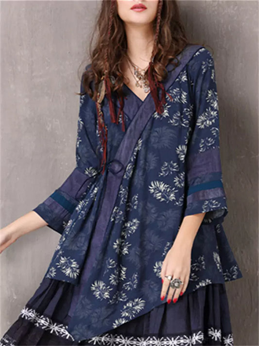 Vintage Irregular V-Neck Mid-Sleeves Printed Loose Shirt Top