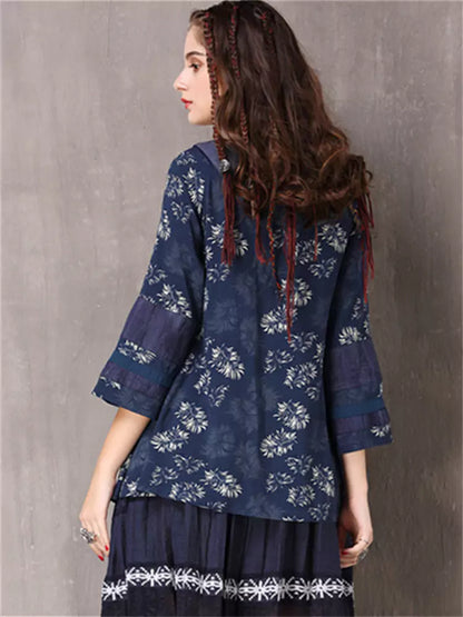 Vintage Irregular V-Neck Mid-Sleeves Printed Loose Shirt Top