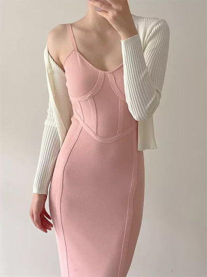 Vestido camisola ajustado de punto vintage con tirantes