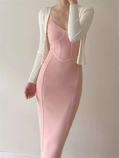 Vestido camisola ajustado de punto vintage con tirantes