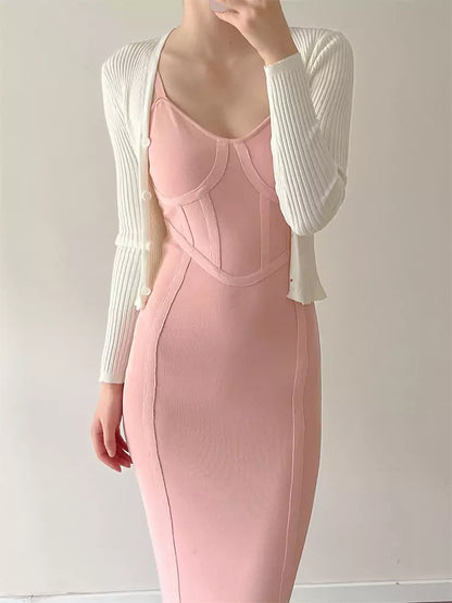 Vestido camisola ajustado de punto vintage con tirantes