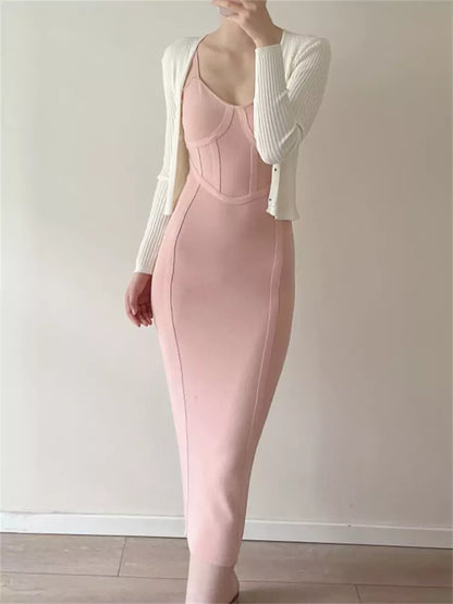 Vestido camisola ajustado de punto vintage con tirantes