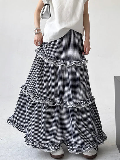 Vintage Maxirock mit Spitzenbesatz, Vichy-Karo und Smokdetails