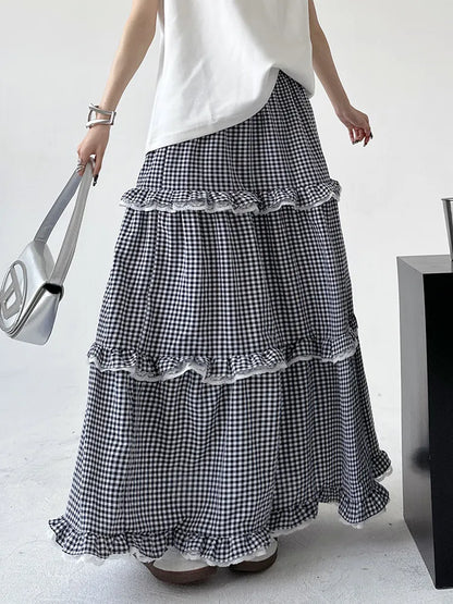 Vintage Maxirock mit Spitzenbesatz, Vichy-Karo und Smokdetails