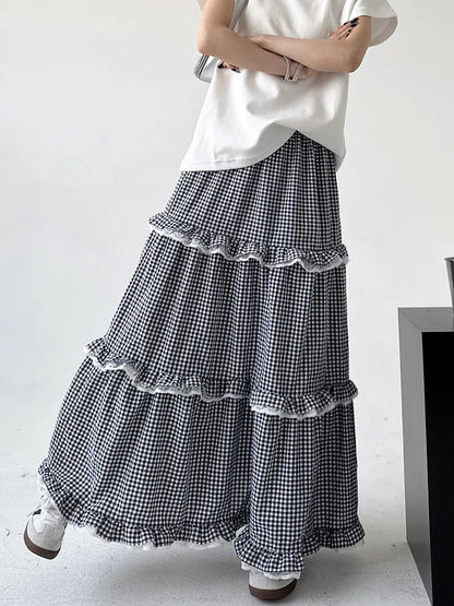 Vintage Maxirock mit Spitzenbesatz, Vichy-Karo und Smokdetails