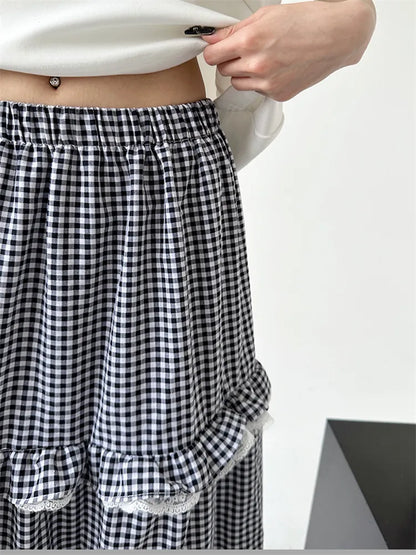 Vintage Maxirock mit Spitzenbesatz, Vichy-Karo und Smokdetails