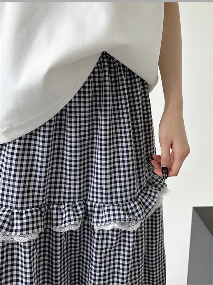 Vintage Maxirock mit Spitzenbesatz, Vichy-Karo und Smokdetails