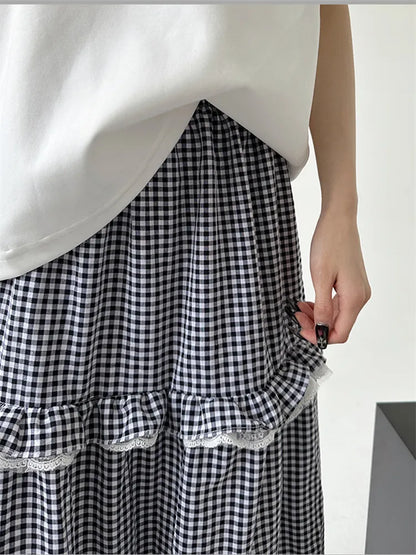 Vintage Maxirock mit Spitzenbesatz, Vichy-Karo und Smokdetails