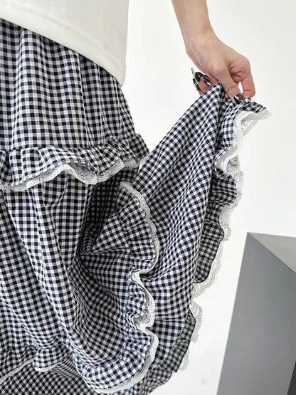 Vintage Maxirock mit Spitzenbesatz, Vichy-Karo und Smokdetails