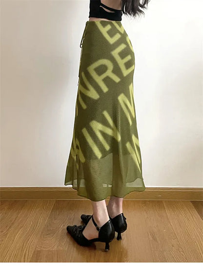 Vintage Letter Print Mesh Bodycon Midi Skirt