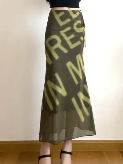 Vintage Letter Print Mesh Bodycon Midi Skirt