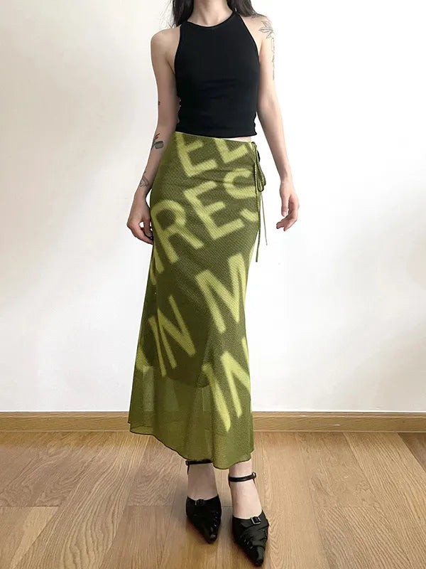 Vintage Letter Print Mesh Bodycon Midi Skirt