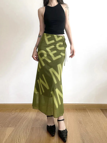 Vintage Letter Print Mesh Bodycon Midi Skirt
