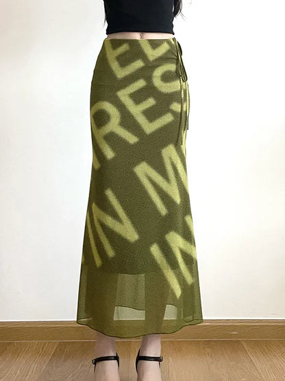 Vintage Letter Print Mesh Bodycon Midi Skirt
