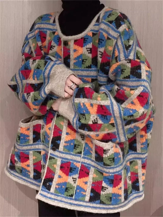 Cárdigan vintage holgado de punto con bloques de color y rombos