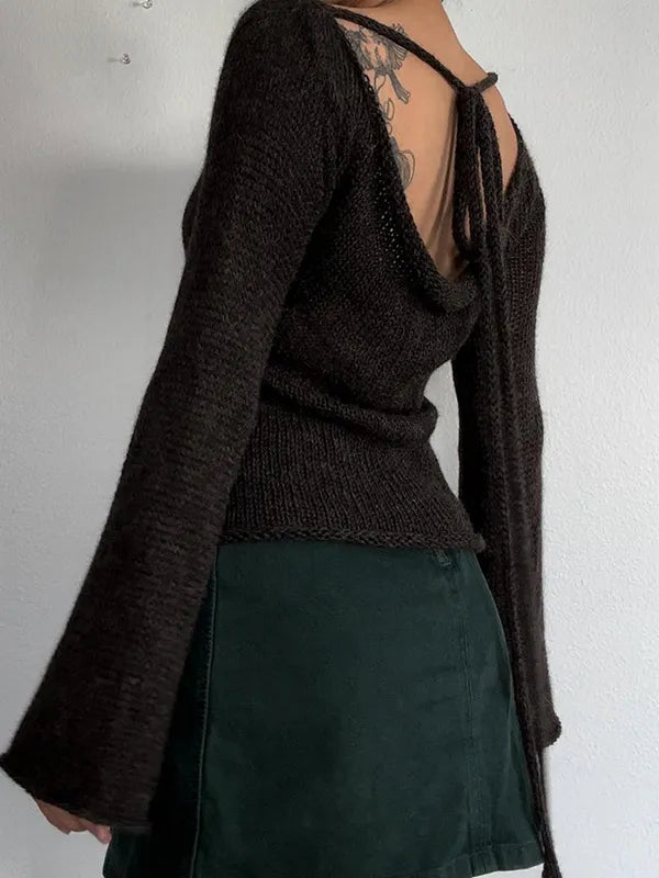 Vintage Open Back Bell Sleeve Loose Sweater