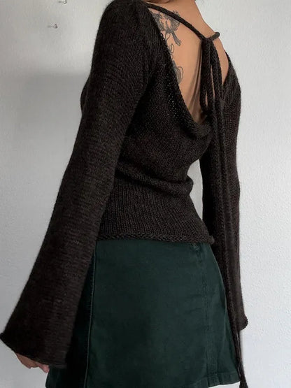 Vintage Open Back Bell Sleeve Loose Sweater